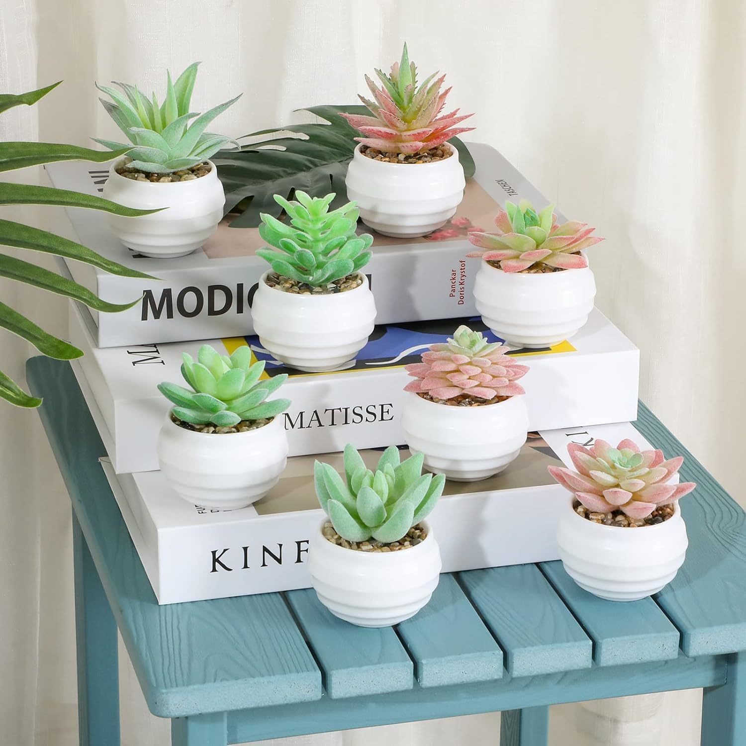 VIVERIE 4Pcs Pink Green Artificial Succulents in Pots (Plastic)- Small Artificial Plants, Office Decor, Office Home Halloween/Christmas Decor Gifts-Faux Plant Gifts for Women